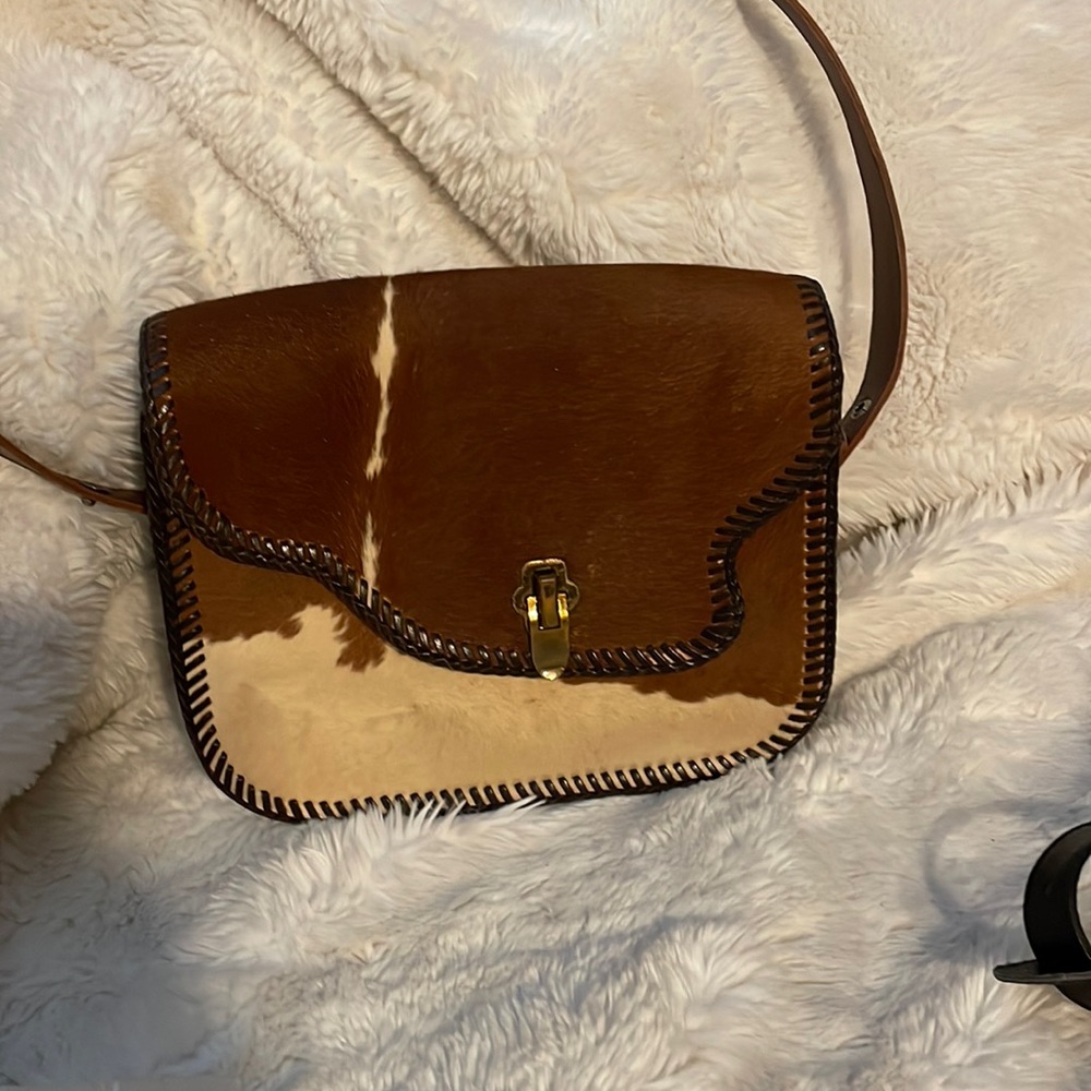 Handmade Vintage Leather Calf Hair Shoulder Bag Brown/cream